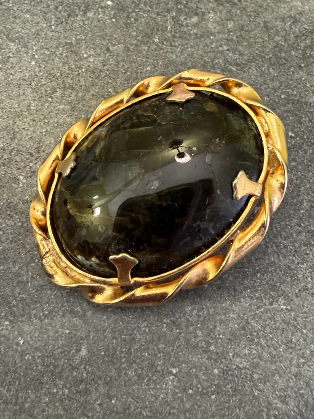 Vintage Estate Black Labradorite Gemstone Gold Brooch